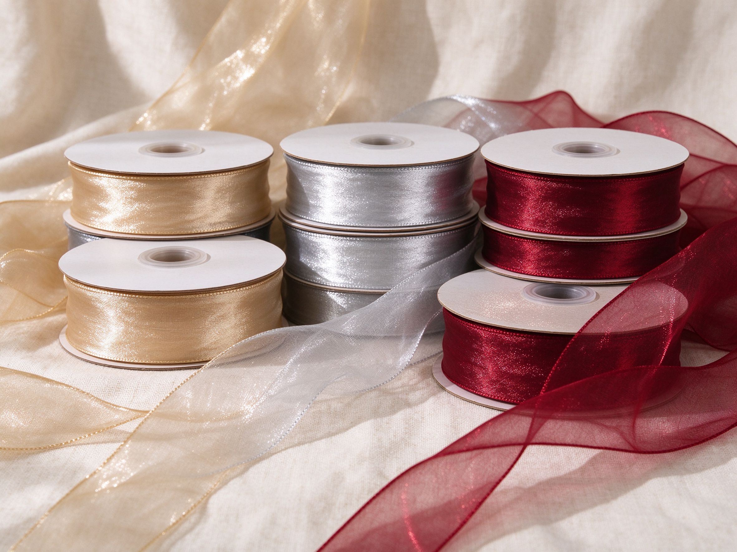 Taffeta, mesh and metallic ribbon for special occasion packaging